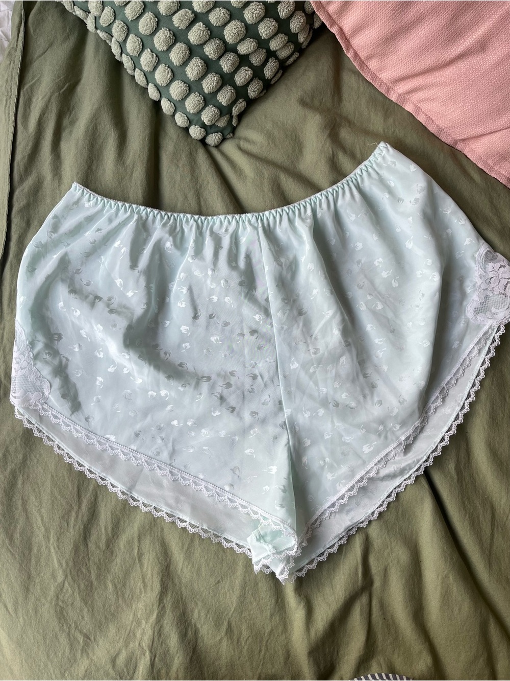Light Mint Bluw Lace-Trim Satin Shorts
